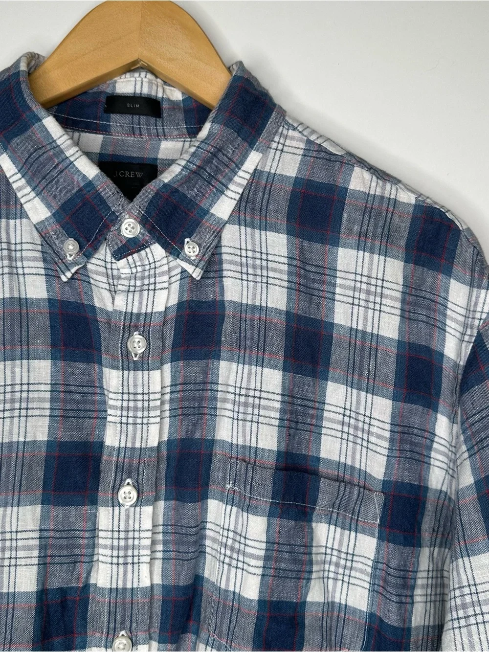 J. Crew Baird McNutt Irish Linen Plaid Shirt Mens XL Slim Blue White Button Down